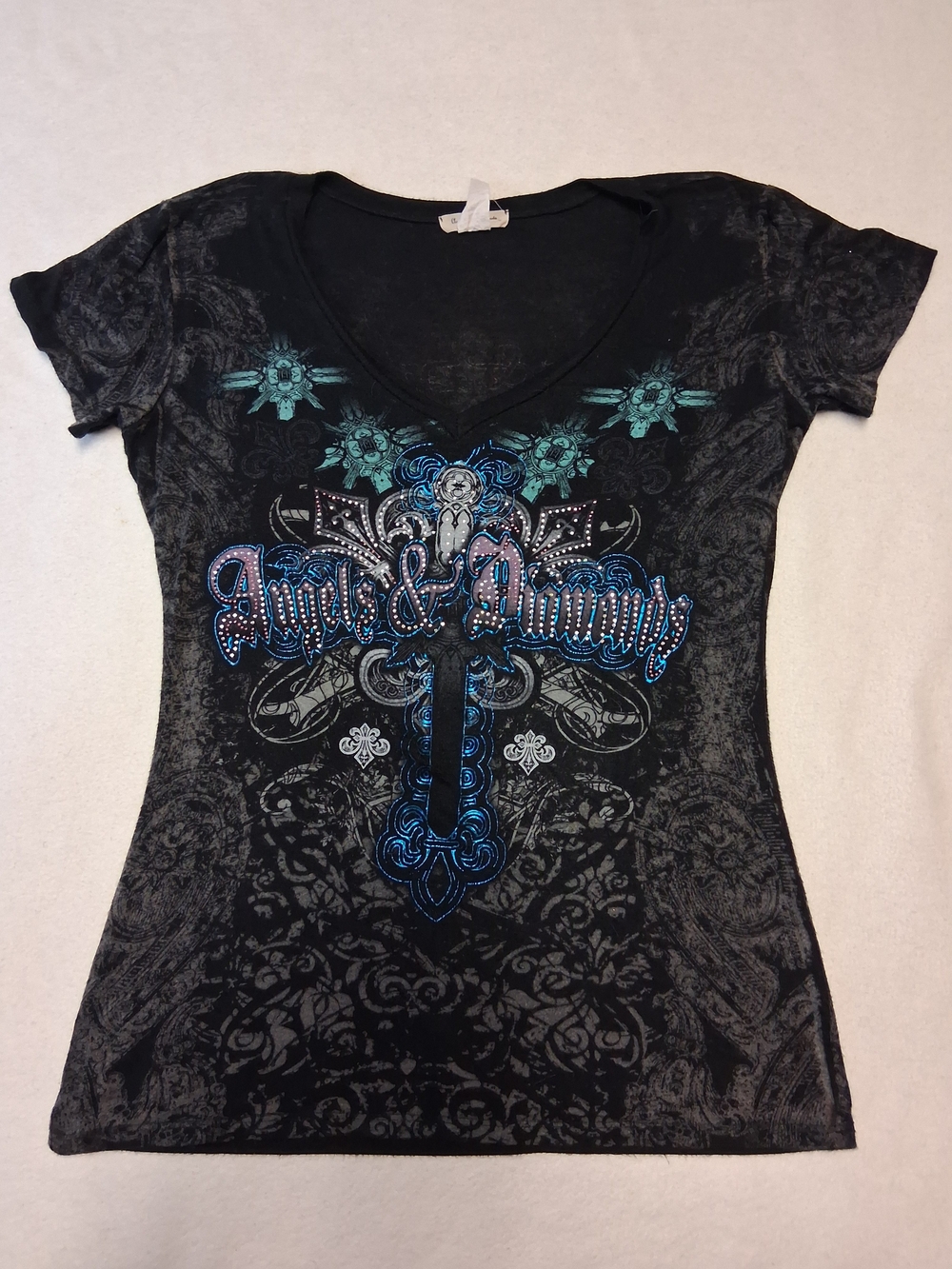 Angels & Diamonds Black V-Neck Graphic Tee with Turquoise and Blue Accents